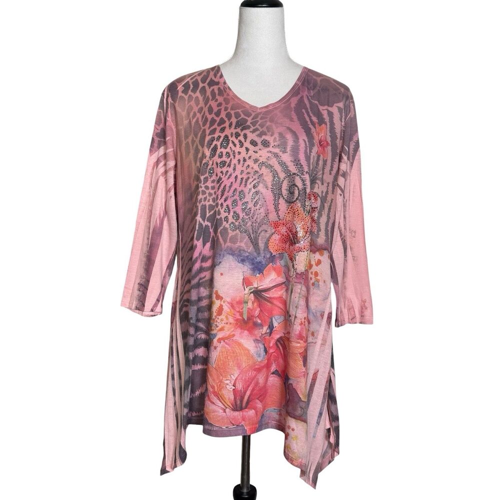 Jess & Jane Floral Asymmetrical Tunic Top Womens  XL Pink Floral Embellished Art